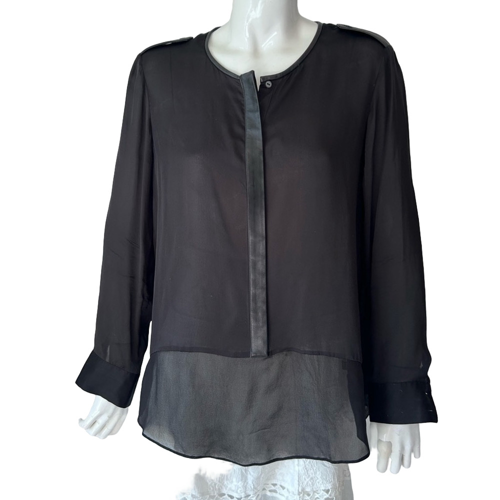 Club Monaco Silk Long Sleeve Leather Trim Crew Neck Blouse Black Top